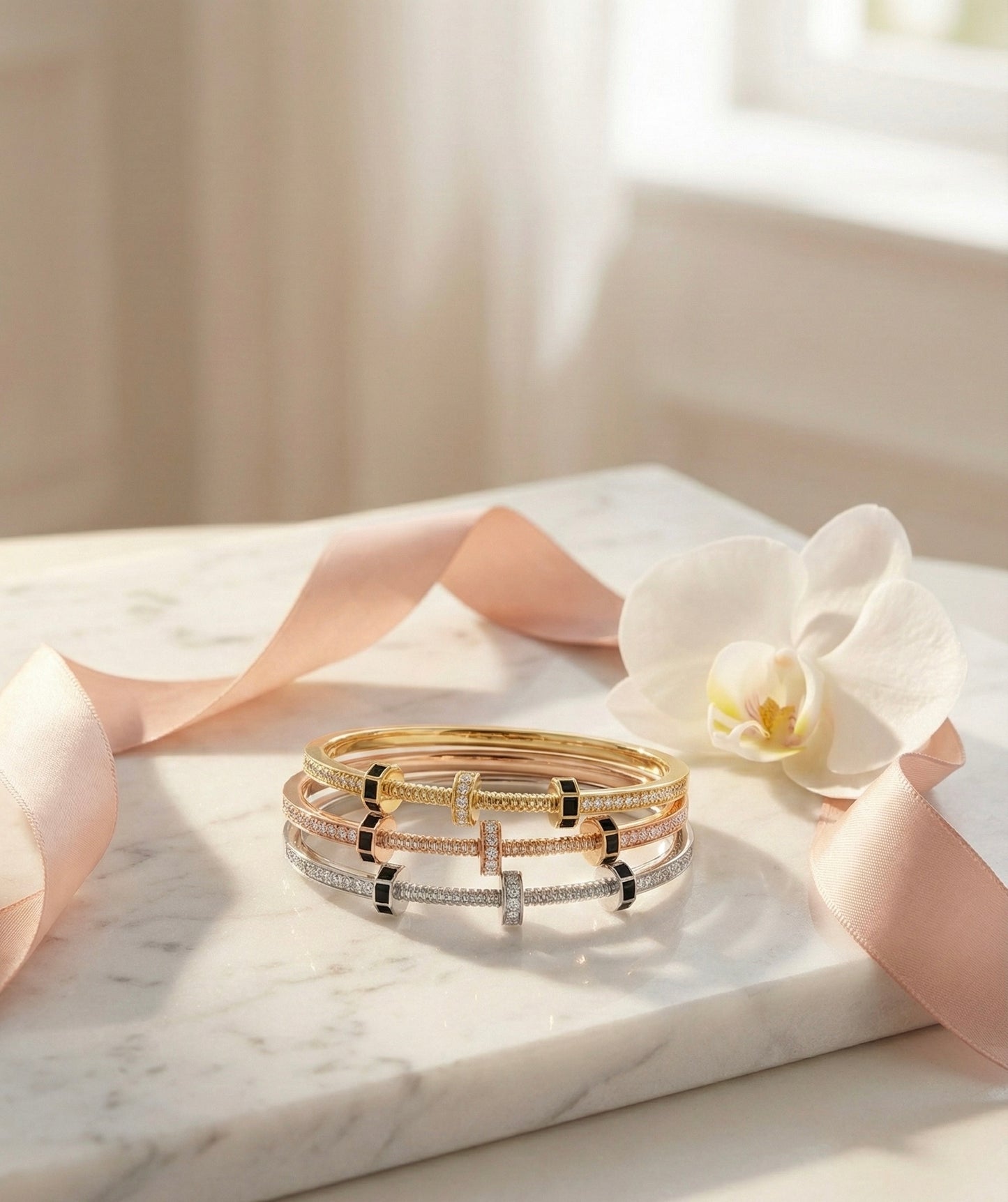 Tri-Tone Industrial Luxe Screw Bangle Set