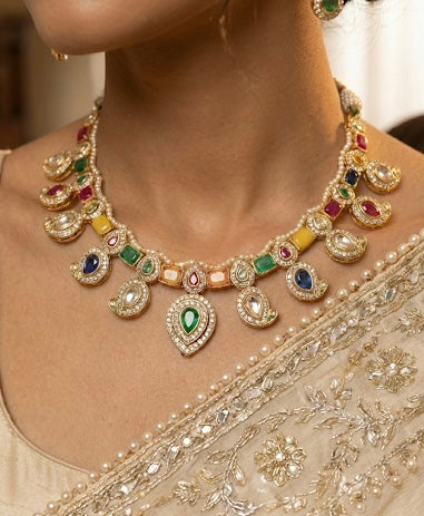 Regal Multi-Color Kundan & Polki Gold Necklace Set with Earrings