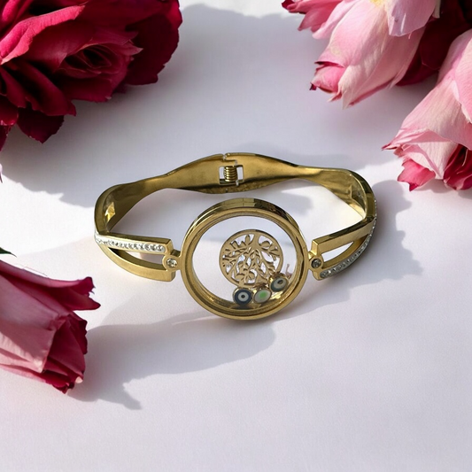 Timeless Watch-Style Bracelet with Tree and Evil Eye Charms