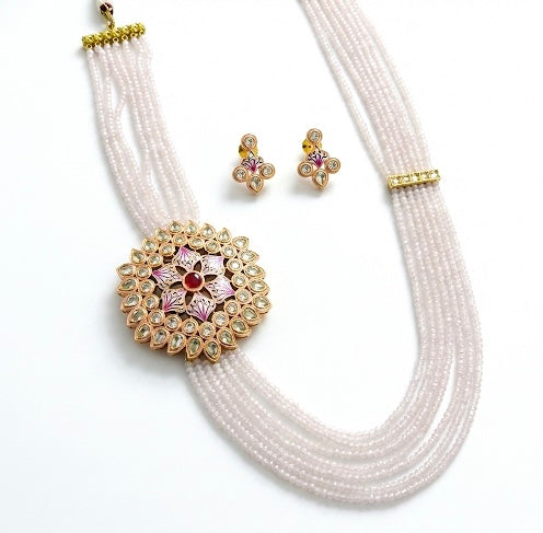 Elegant Pink Floral Long Necklace and Earring Set