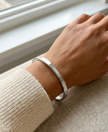 Silver Mother of Pearl Inlay Bangle Bracelet with CZ Accents