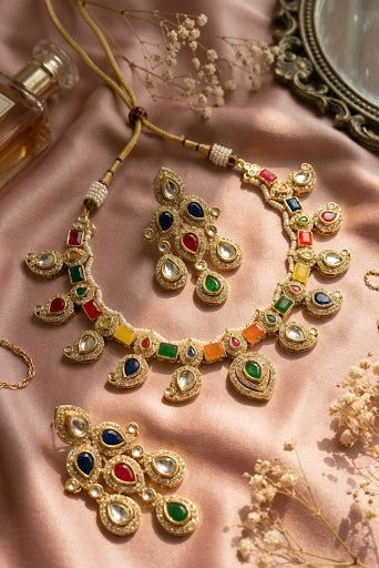 Regal Multi-Color Kundan & Polki Gold Necklace Set with Earrings