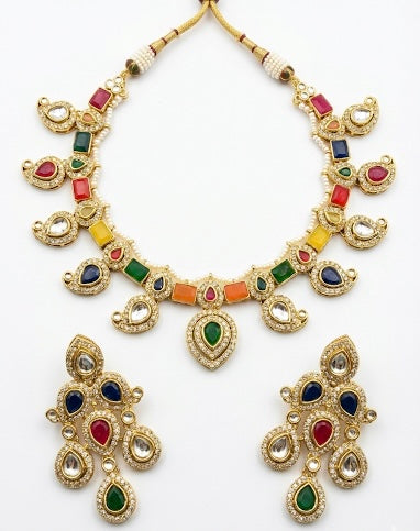 Regal Multi-Color Kundan & Polki Gold Necklace Set with Earrings