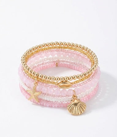 Coastal Chic Starfish & Seashell Beaded Bracelet Stack | Gold & Pink