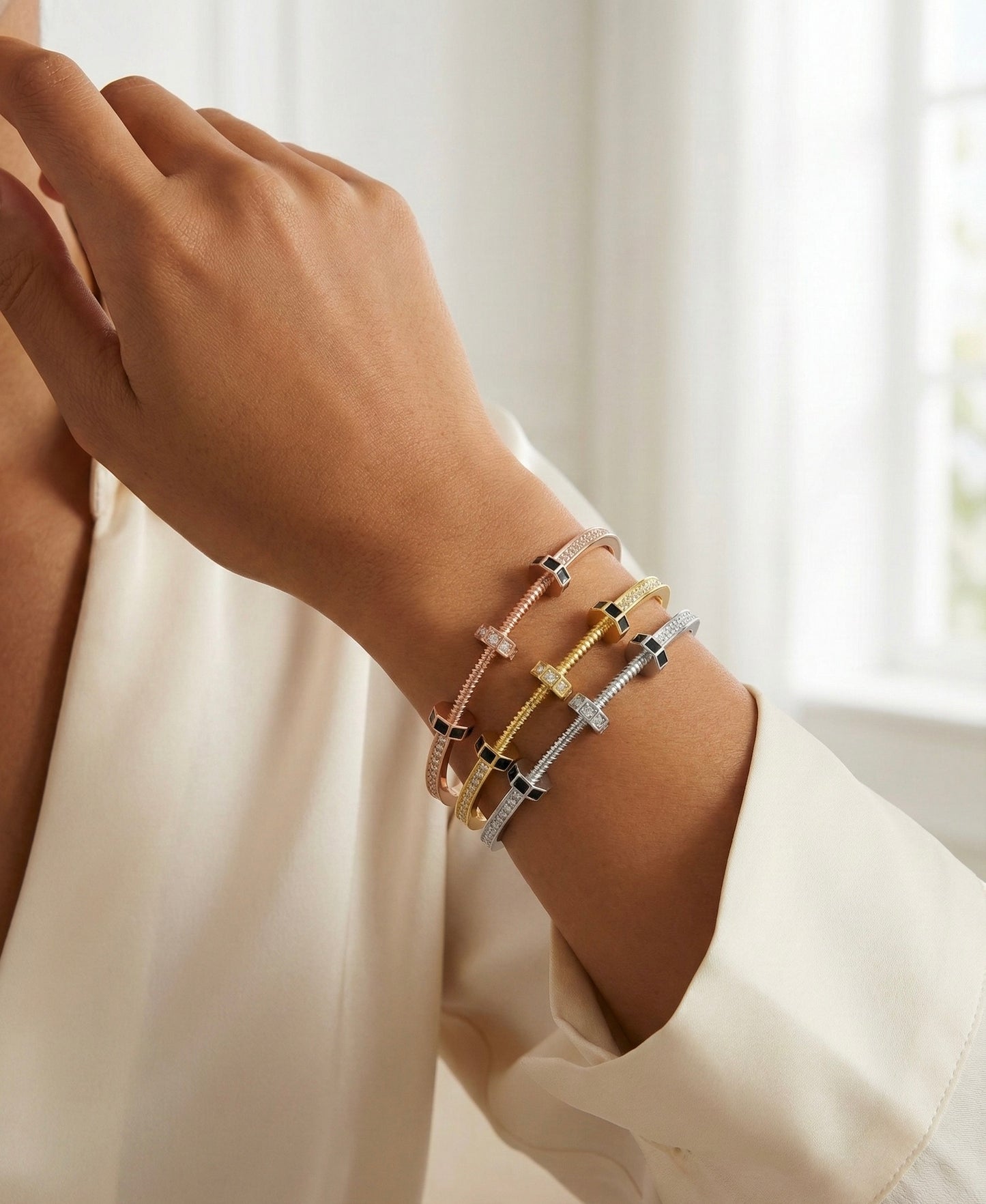 Tri-Tone Industrial Luxe Screw Bangle Set