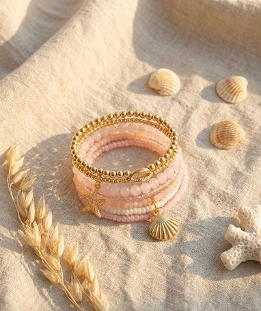 Coastal Chic Starfish & Seashell Beaded Bracelet Stack | Gold & Pink