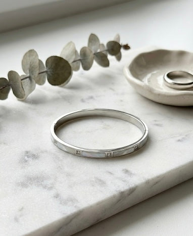 Silver Mother of Pearl Inlay Bangle Bracelet with CZ Accents