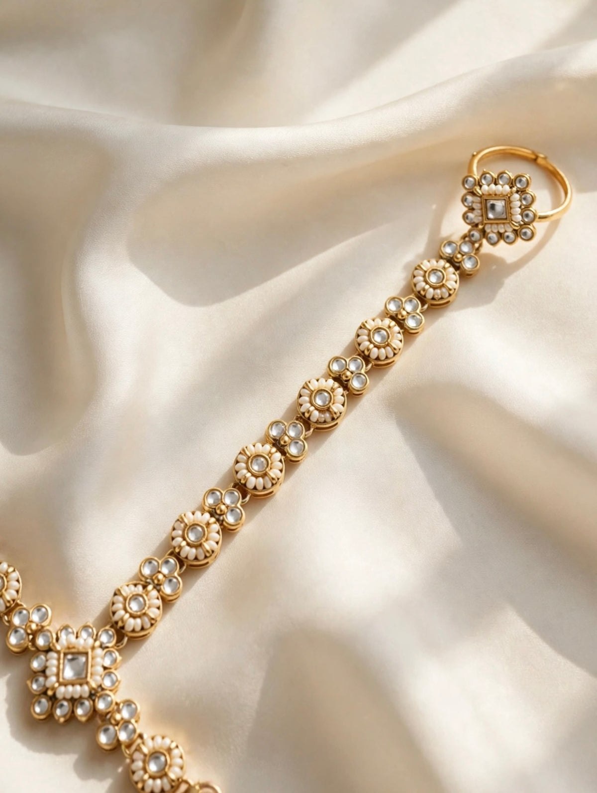Pearl & Kundan-Style Hathphool with Adjustable Ring | Festive Hand Harness