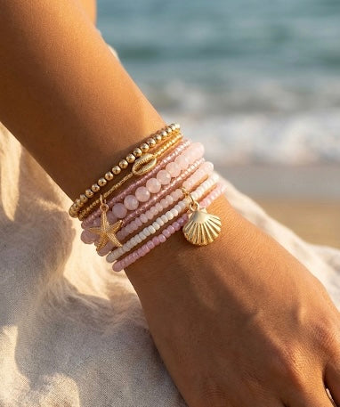 Coastal Chic Starfish & Seashell Beaded Bracelet Stack | Gold & Pink