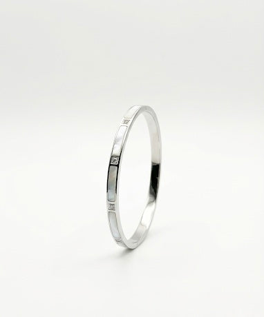 Silver Mother of Pearl Inlay Bangle Bracelet with CZ Accents