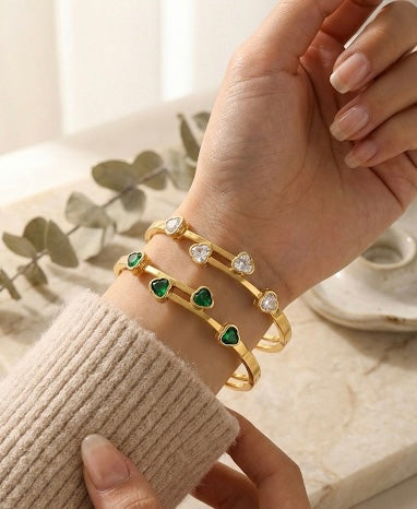 Radiant Heart Duo: Gold Hinged Bangle Set with Emerald & Diamond CZ Stones