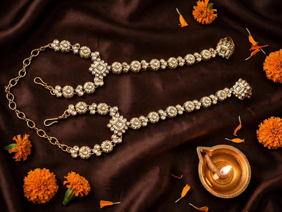 Pearl & Kundan-Style Hathphool with Adjustable Ring | Festive Hand Harness