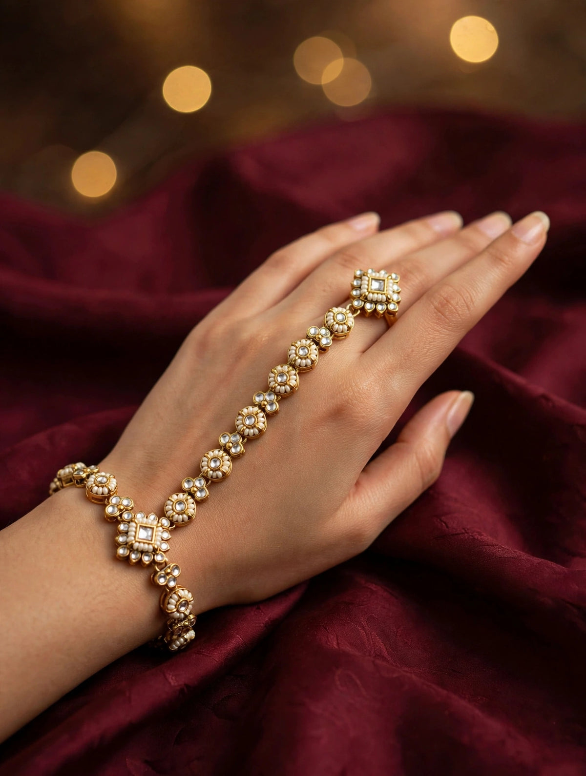 Pearl & Kundan-Style Hathphool with Adjustable Ring | Festive Hand Harness