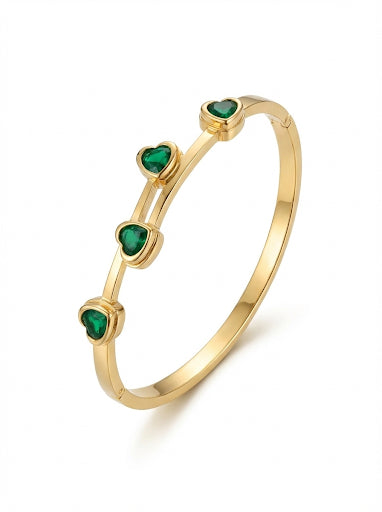 Radiant Heart Duo: Gold Hinged Bangle Set with Emerald & Diamond CZ Stones