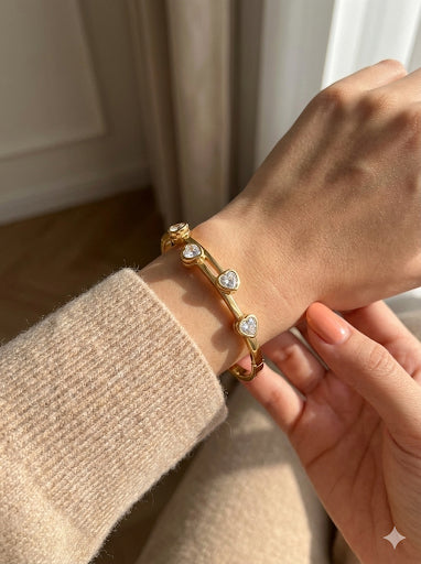 Radiant Heart Duo: Gold Hinged Bangle Set with Emerald & Diamond CZ Stones