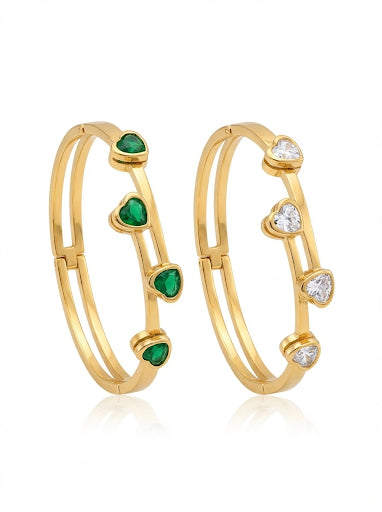 Radiant Heart Duo: Gold Hinged Bangle Set with Emerald & Diamond CZ Stones