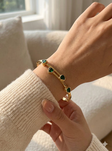 Radiant Heart Duo: Gold Hinged Bangle Set with Emerald & Diamond CZ Stones